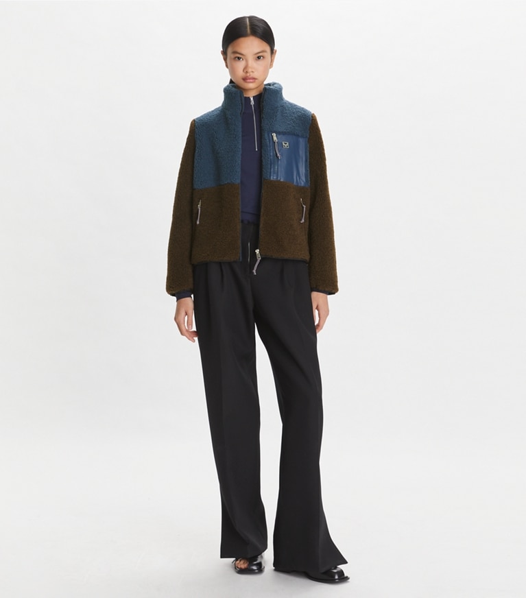 Tory Sport designer coats Colorblock Fleece Jacket in Raven / Dark Roast front