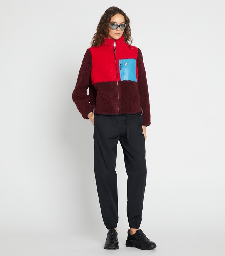 Tory Sport designer coats Colorblock Fleece Jacket in Radiant Red / DIVINE BURGANDY front
