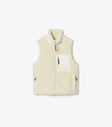 Tory Burch designer コート カラーブロック フリースベスト in Ivory front