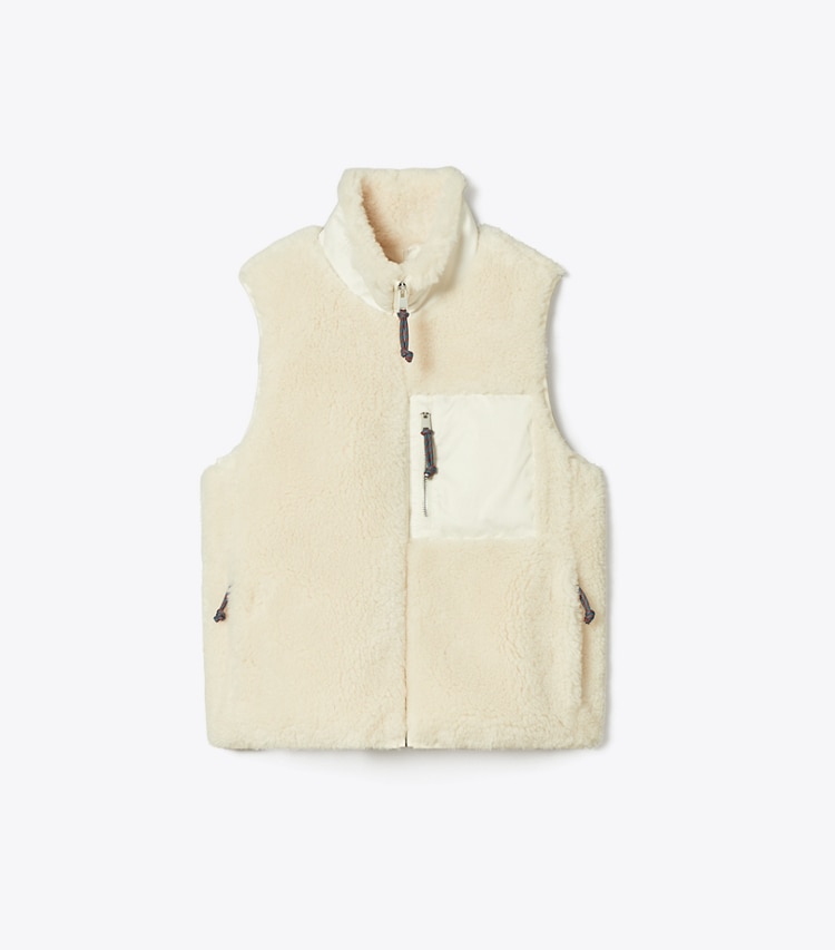 Tory Burch designer コート カラーブロック フリースベスト in Ivory front