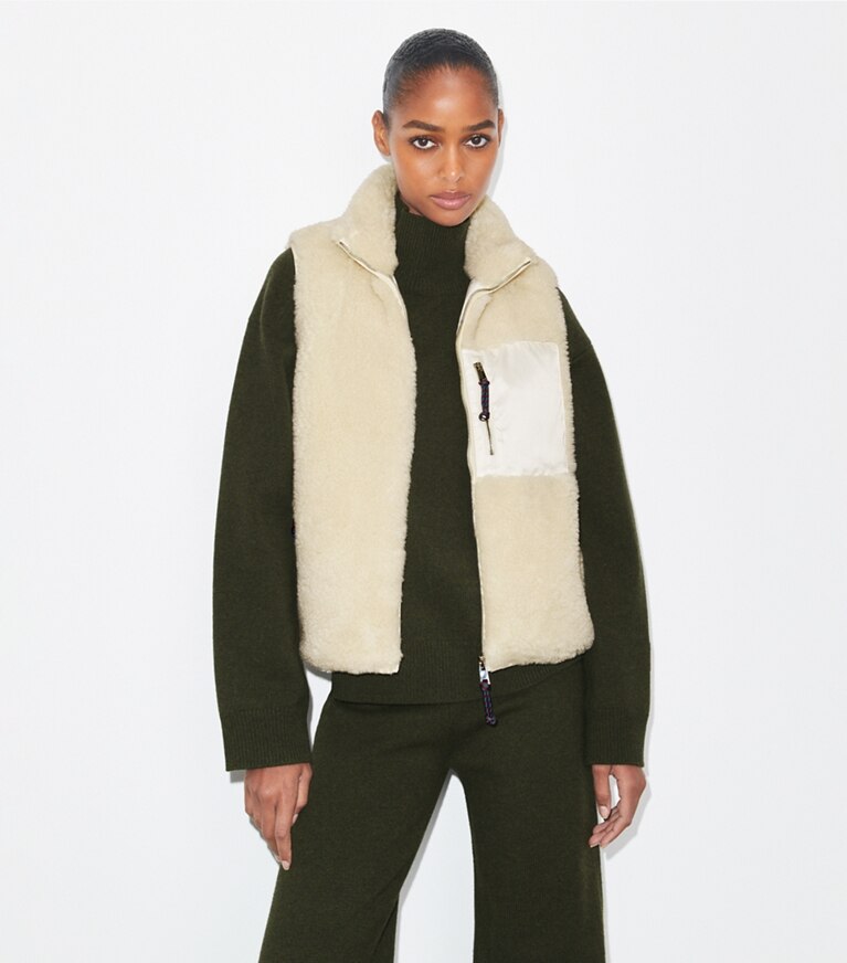 Tory Burch designer コート カラーブロック フリースベスト in Ivory front