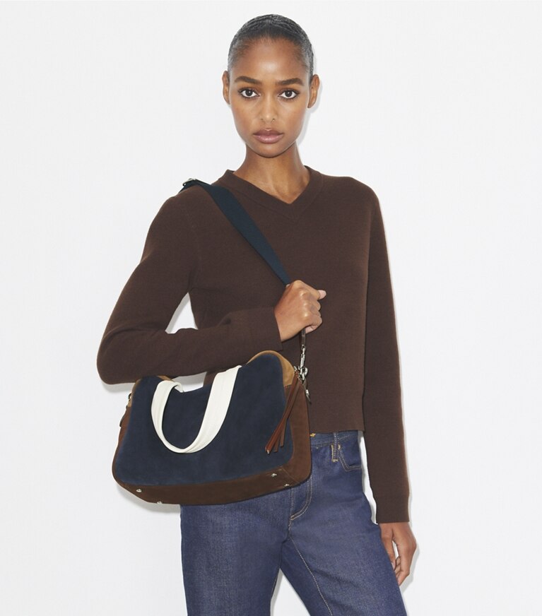 Tory Burch designer henkeltaschen Colorblock-Henkeltasche aus Wildleder in Multi angle