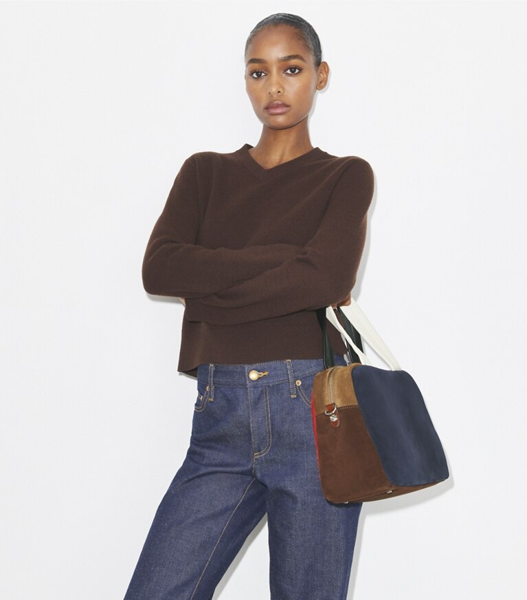Tory Burch designer henkeltaschen Colorblock-Henkeltasche aus Wildleder in Multi angle