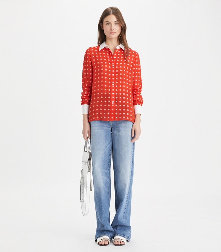 Tory Burch designer トップス カラーブロック ジャガード シャツ in Pepperoncini Nothing Ditsy front
