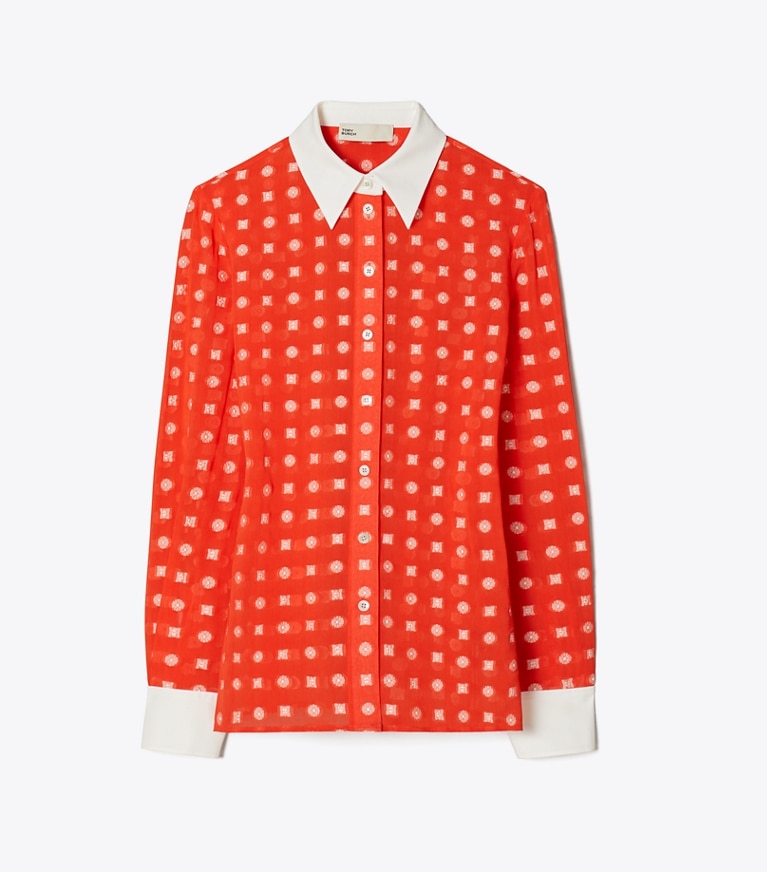 Tory Burch designer tops Colorblock Jacquard Shirt in Pepperoncini Nothing Ditsy front