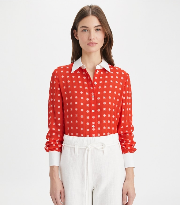 Tory Burch designer トップス カラーブロック ジャガード シャツ in Pepperoncini Nothing Ditsy front
