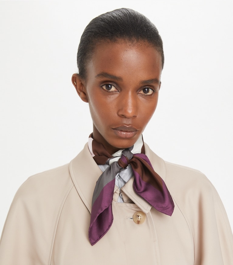 Tory Burch designer scarves Colorblock Logo Silk Neckerchief in Color Block Logo Pink accessory on model