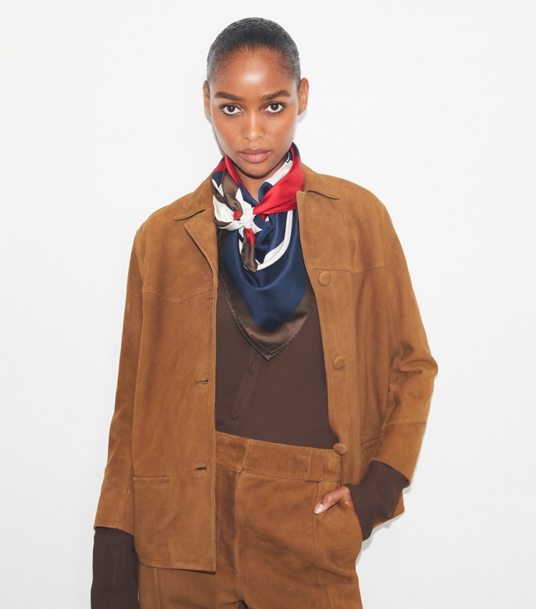 Tory Burch designer scarves Colorblock Logo Silk Square in Tory Navy / Red / Brown accessory on model