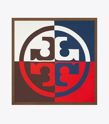 Tory Burch designer scarves Colorblock Logo Silk Square in Tory Navy / Red / Brown overhead