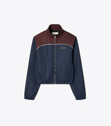 Tory Burch designer jackets Colorblock Nylon Jacket in Medium Navy / Winetasting front