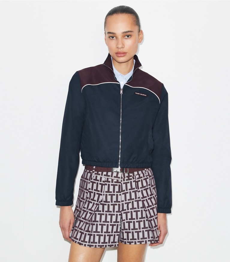 Tory Burch designer jackets Colorblock Nylon Jacket in Medium Navy / Winetasting front