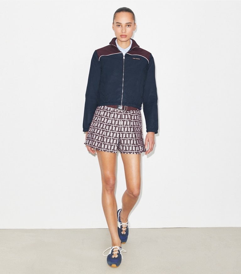 Tory Burch designer jackets Colorblock Nylon Jacket in Medium Navy / Winetasting front