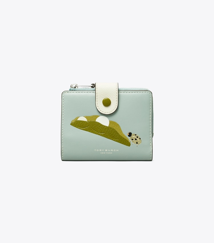 Tory Burch designer wallets Colorblock Pea Pod Bi-Fold Wallet in Blue Celadon front