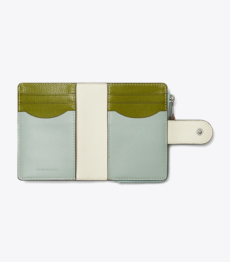 Tory Burch designer wallets Colorblock Pea Pod Bi-Fold Wallet in Blue Celadon overhead