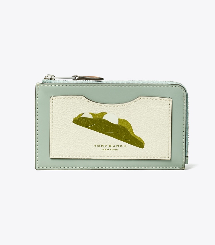 Tory Burch designer カードケース カラーブロック ピーポッド ジップカードケース in Blue Celadon front