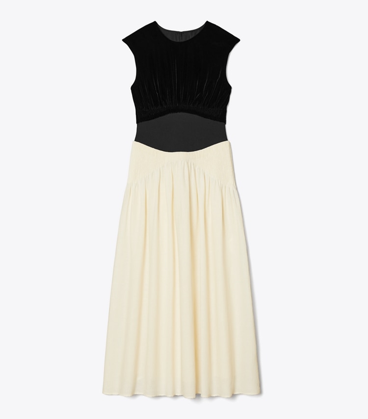 Tory Burch designer dresses Colorblock Pleated Dress in Biscuit front