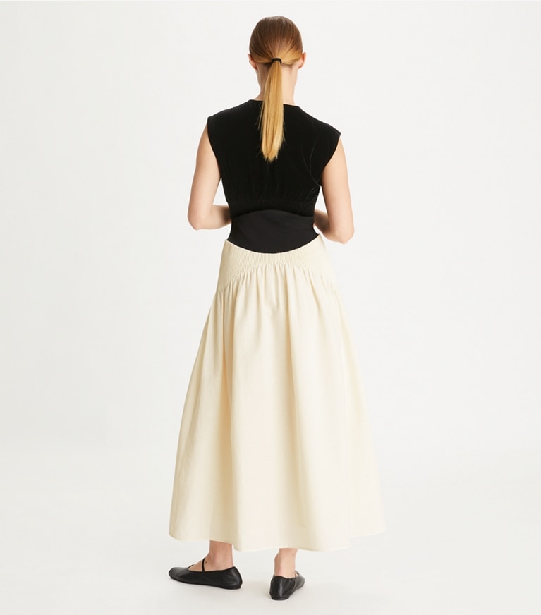 Tory Burch designer dresses Colorblock Pleated Dress in Biscuit front