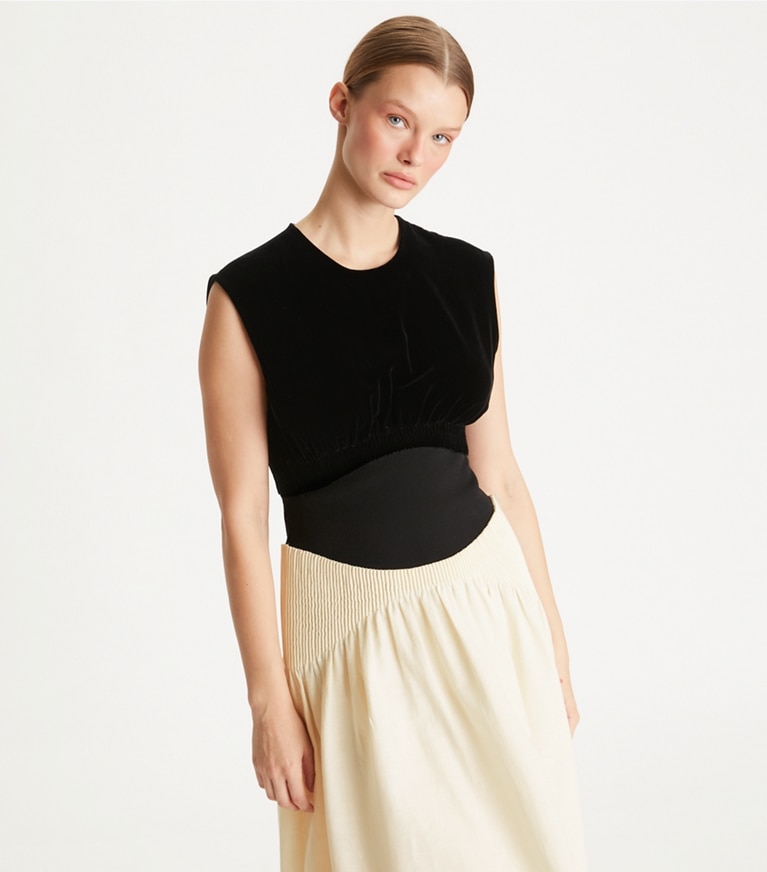 Tory Burch designer dresses Colorblock Pleated Dress in Biscuit front