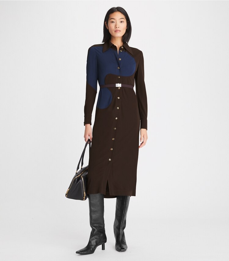 Tory Burch designer kleider Colorblock-Polokleid aus Jersey in Dark Carob modell von vorn
