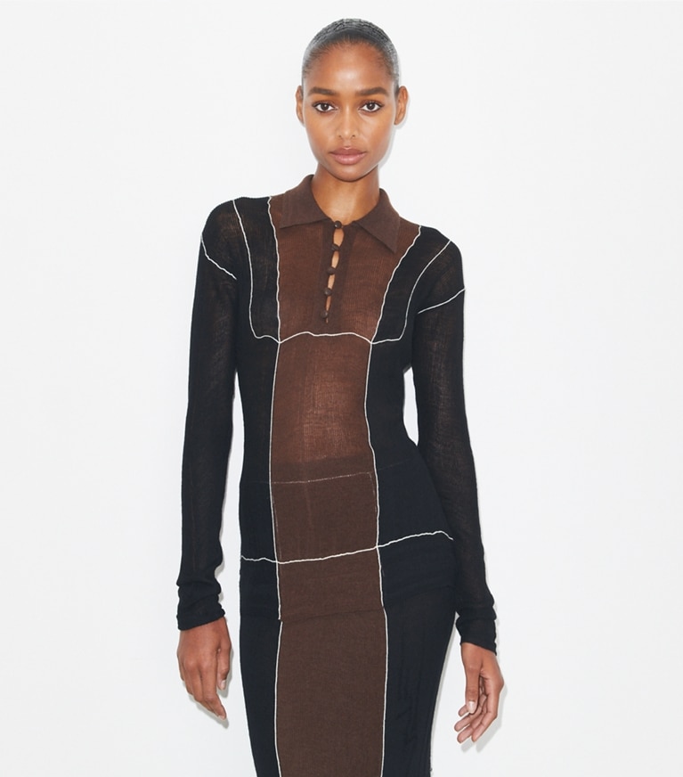 Tory Burch designer strickware Colorblock-Pullover aus Wolle in Black / Chocolate front