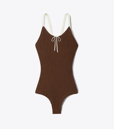Tory Burch designer sweaters Colorblock Ribbed Bodysuit in Chocolate front