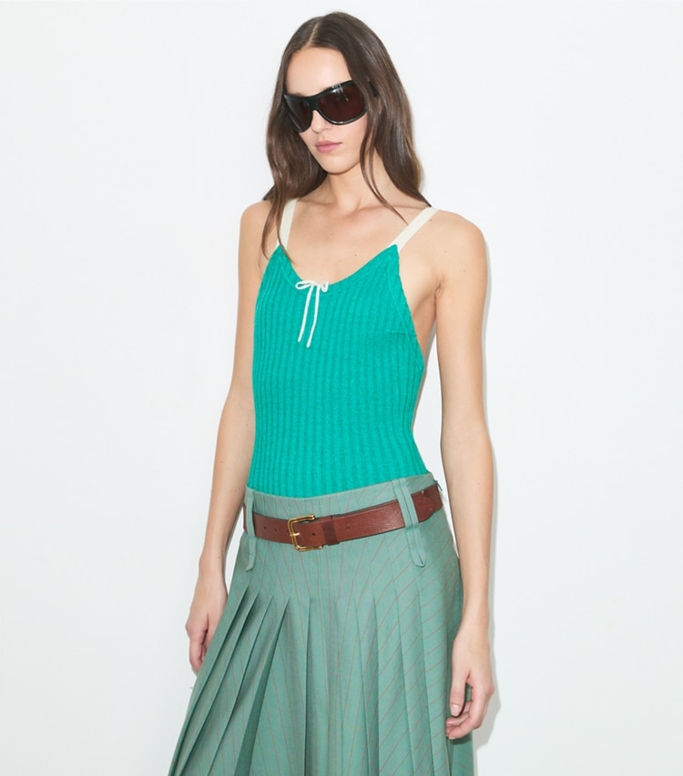 Tory Burch designer sweaters Colorblock Ribbed Bodysuit in Mermaid on model detail