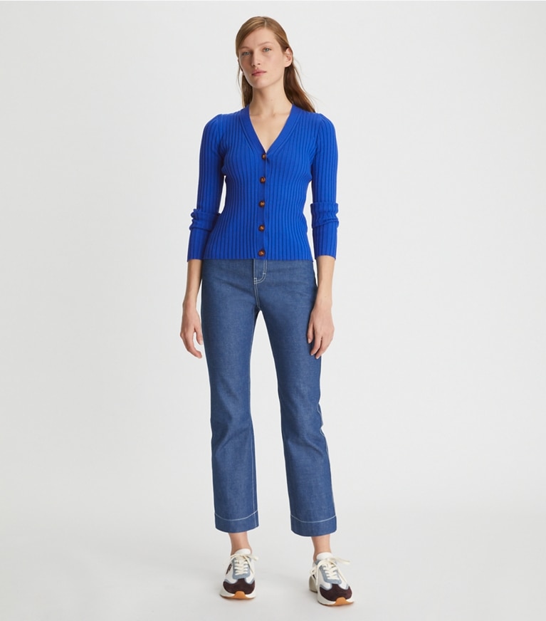 Tory Burch designer sweaters Colorblock Ribbed Cardigan in Duchess Blue front