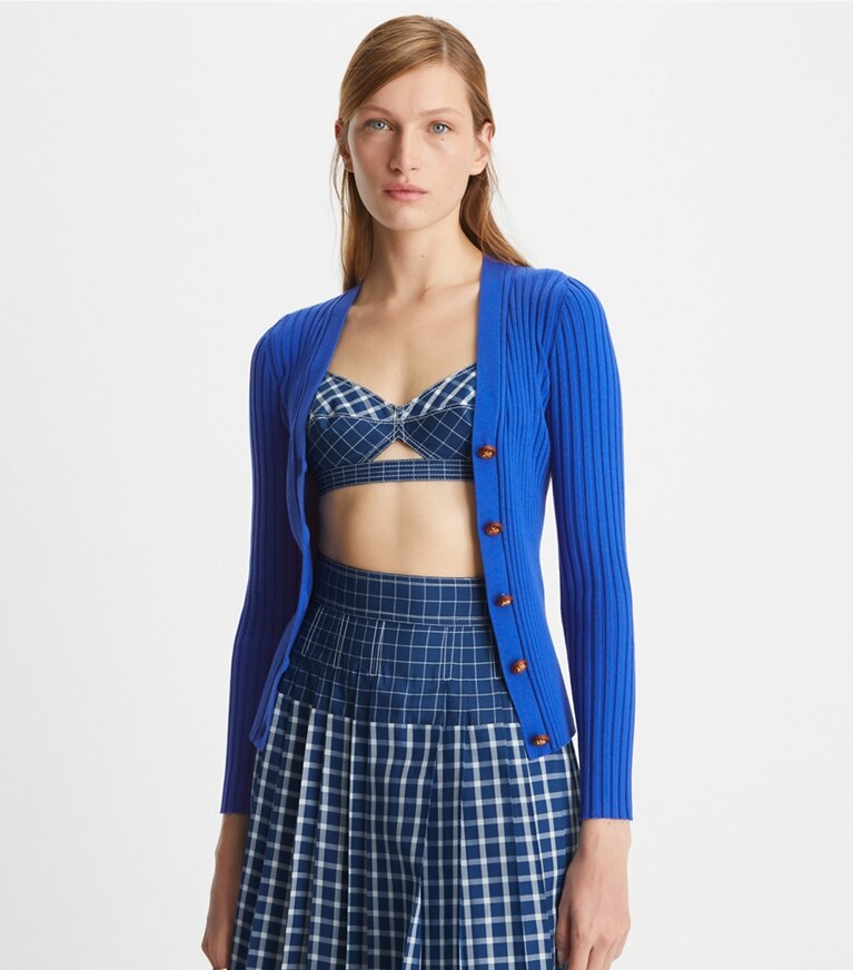 Tory Burch designer sweaters Colorblock Ribbed Cardigan in Duchess Blue front
