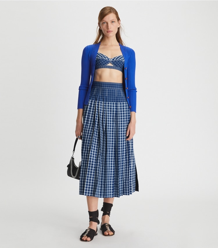 Tory Burch designer sweaters Colorblock Ribbed Cardigan in Duchess Blue on model front