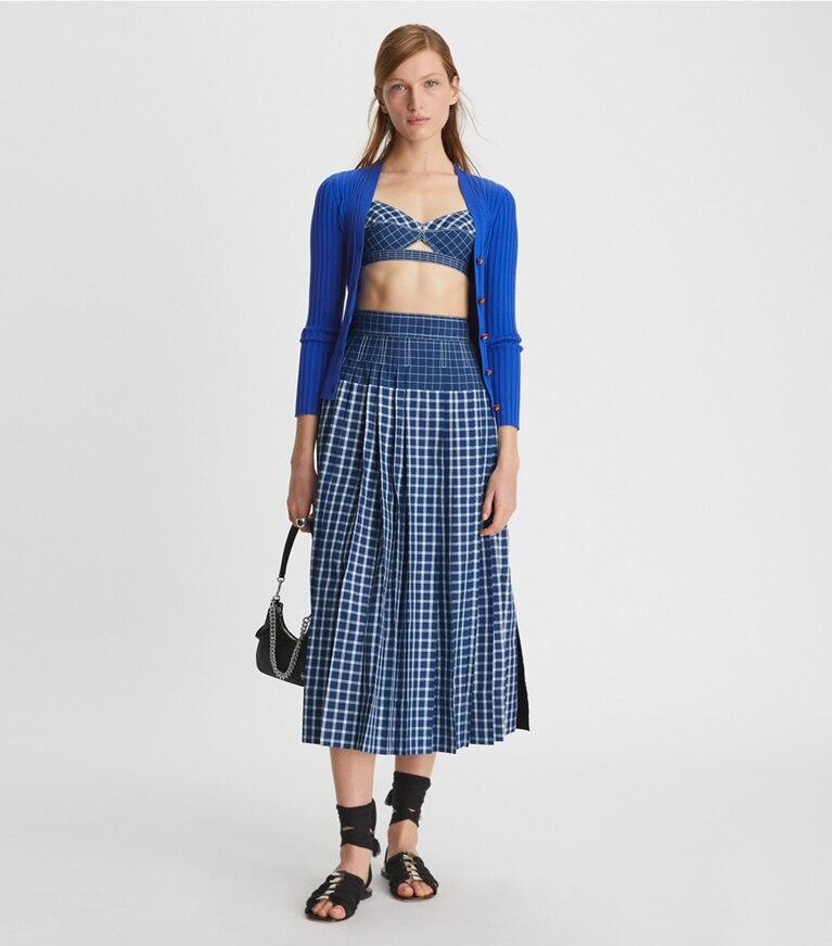 Tory Burch designer sweaters Colorblock Ribbed Cardigan in Duchess Blue front