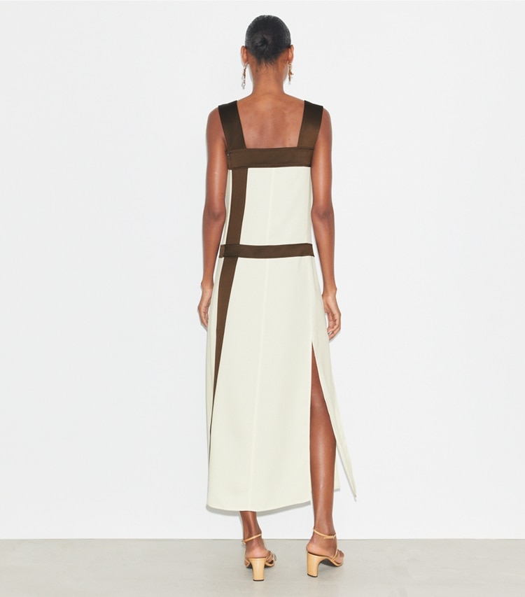 Tory Burch designer dresses Colorblock Satin Dress in New Ivory on model back