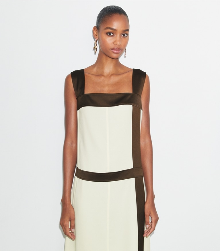 Tory Burch designer dresses Colorblock Satin Dress in New Ivory front