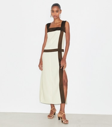 Tory Burch designer dresses Colorblock Satin Dress in New Ivory on model front