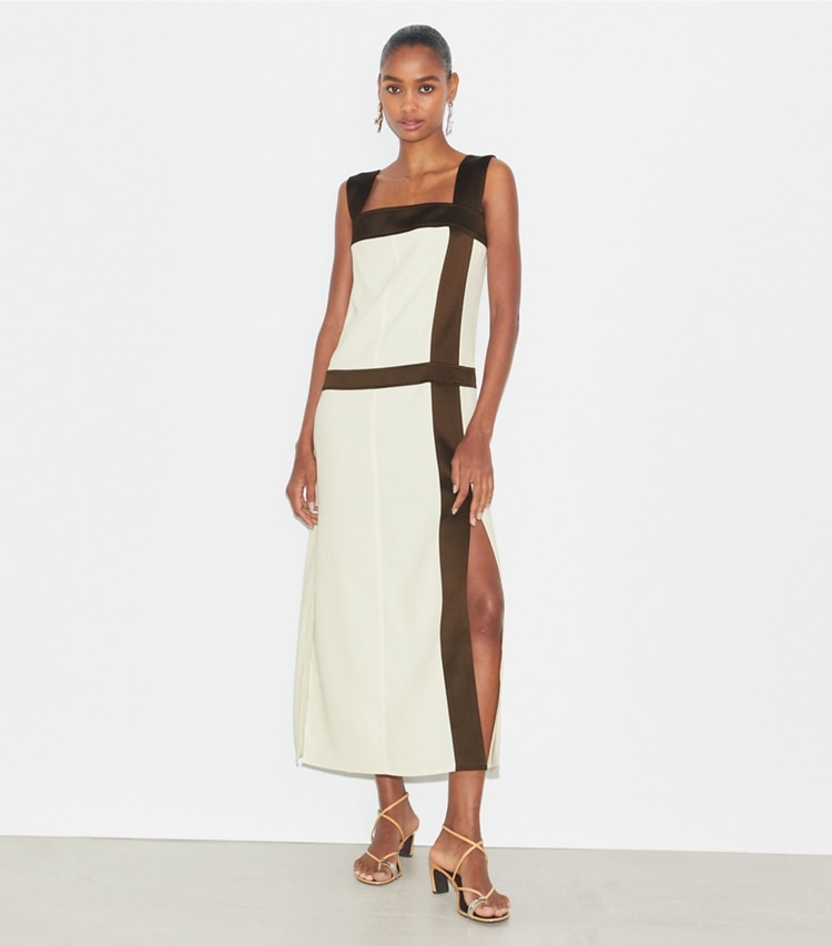Tory Burch designer dresses Colorblock Satin Dress in New Ivory on model front