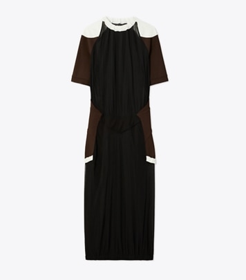 Tory Burch designer dresses Colorblock Sheer Jersey Dress in Black front