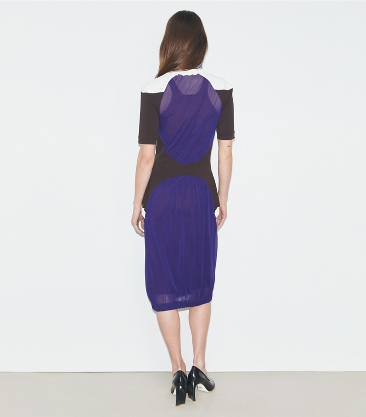 Tory Burch designer dresses Colorblock Sheer Jersey Dress in Ballpoint Blue on model back
