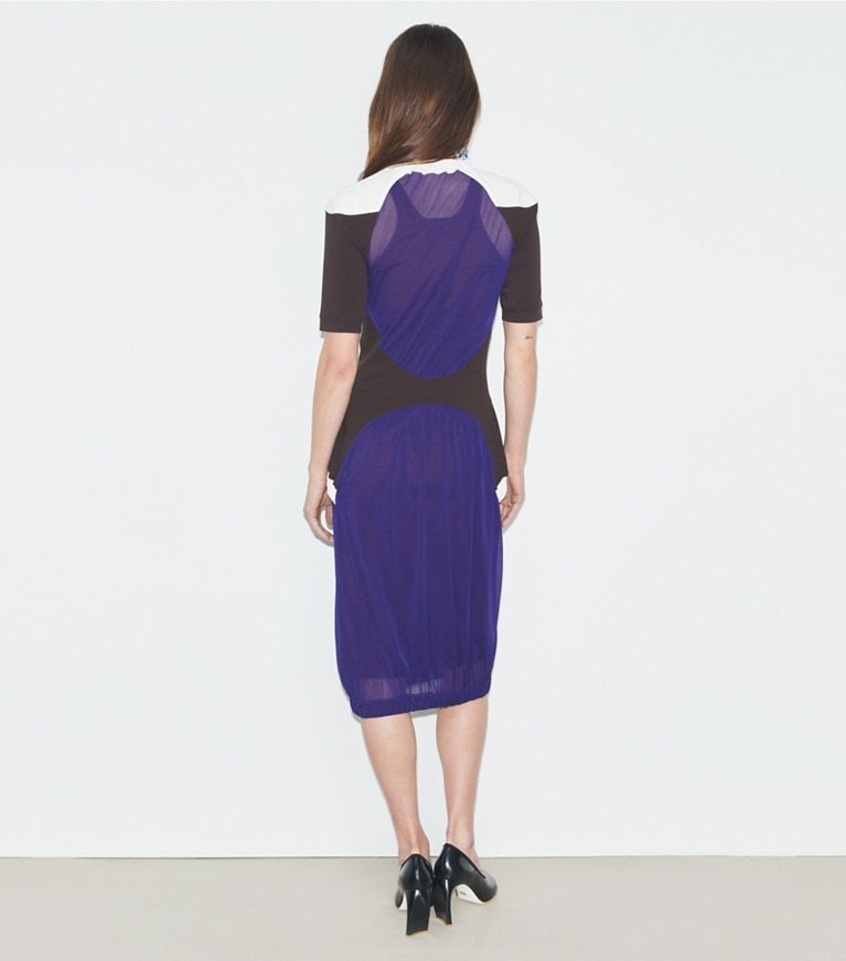 Tory Burch designer dresses Colorblock Sheer Jersey Dress in Ballpoint Blue front