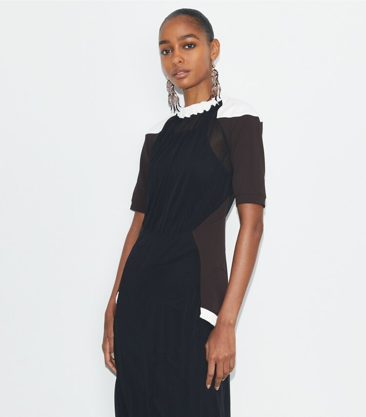 Tory Burch designer ドレス カラーブロック シアー ジャージー ドレス in Black on model detail