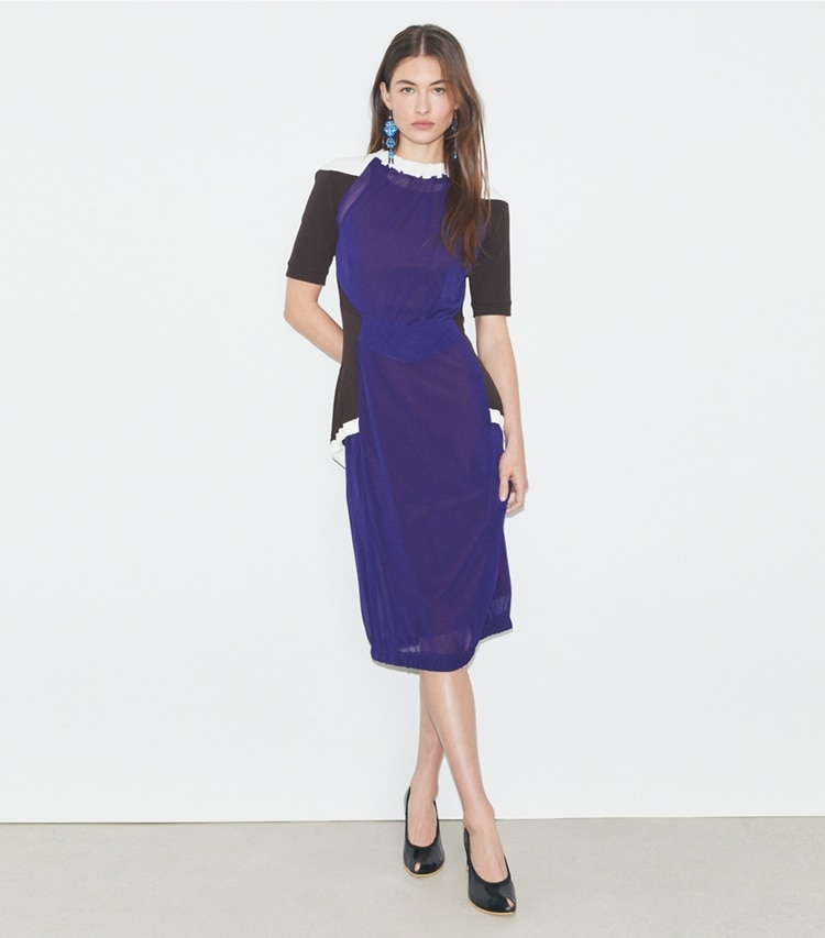 Tory Burch designer dresses Colorblock Sheer Jersey Dress in Ballpoint Blue on model front