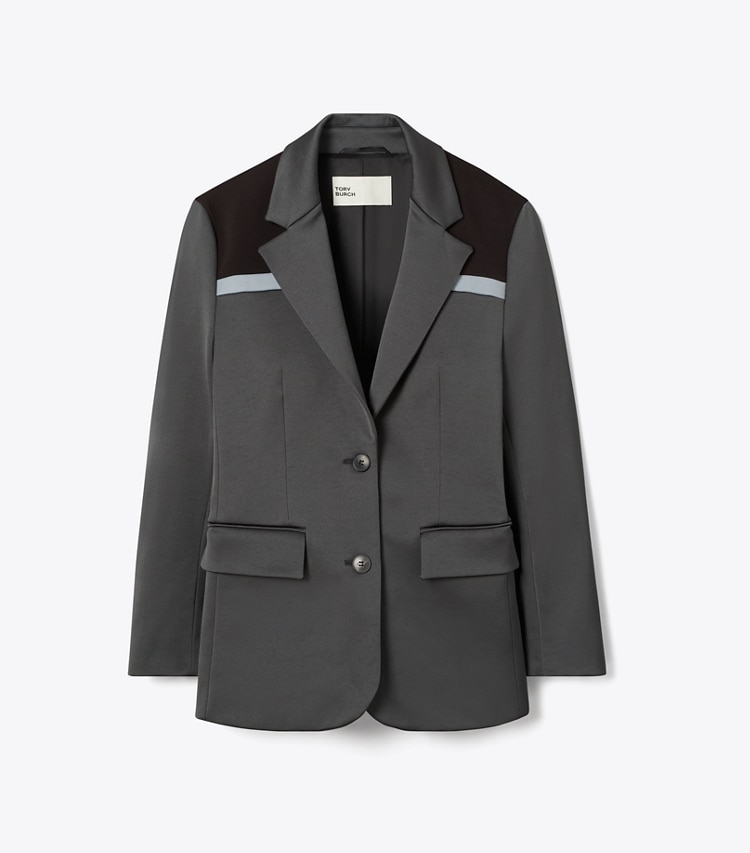 Tory Burch designer jackets Colorblock Stretch Blazer in Coal Gray / Deep Ruby / Teal Green front