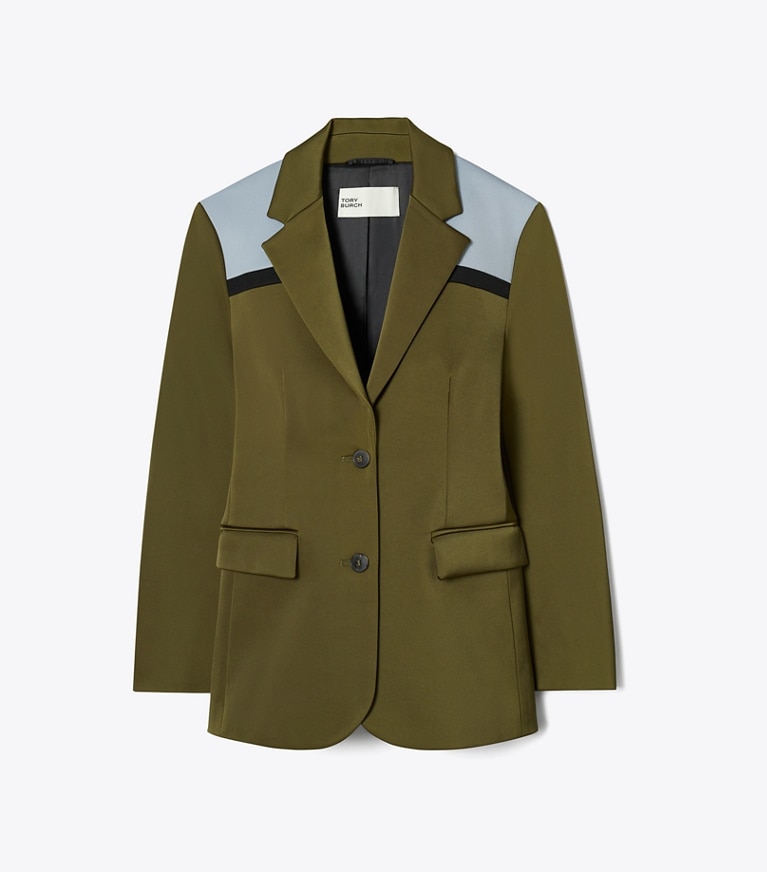 Tory Burch designer jackets Colorblock Stretch Blazer in Dark Oliva / Muted Slate / Black front