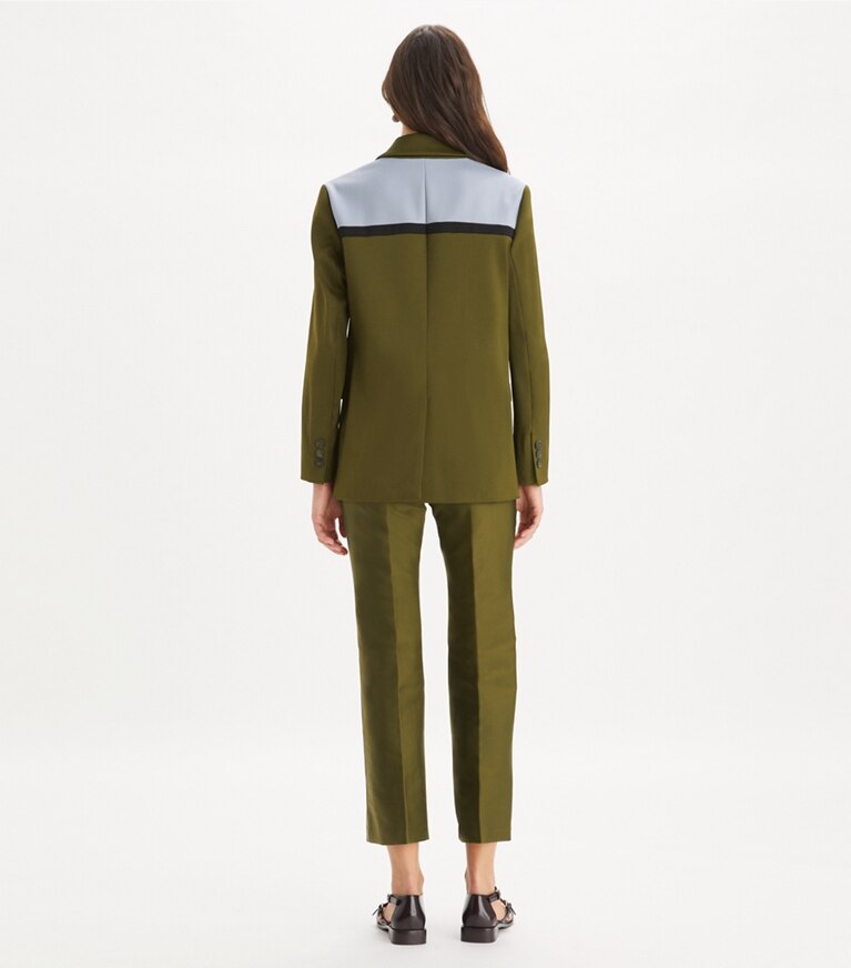 Tory Burch designer jackets Colorblock Stretch Blazer in Dark Oliva / Muted Slate / Black front