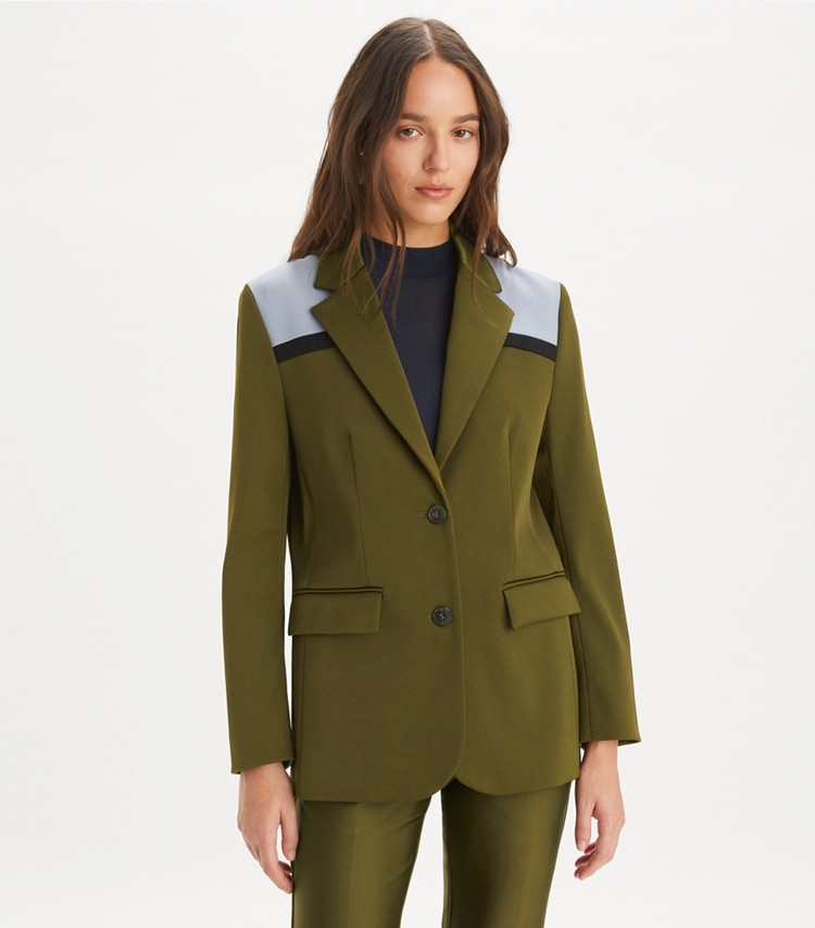 Tory Burch designer jackets Colorblock Stretch Blazer in Dark Oliva / Muted Slate / Black on model detail