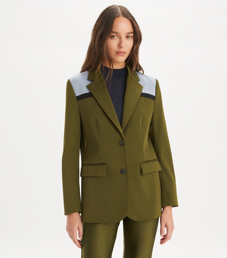 Tory Burch designer jackets Colorblock Stretch Blazer in Dark Oliva / Muted Slate / Black front