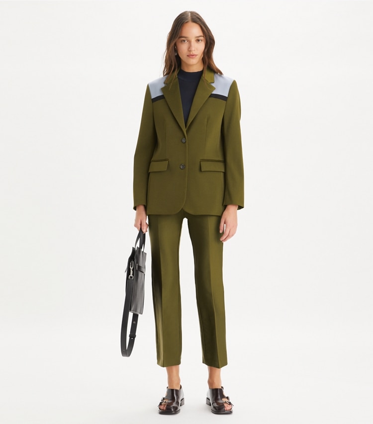 Tory Burch designer jackets Colorblock Stretch Blazer in Dark Oliva / Muted Slate / Black on model front