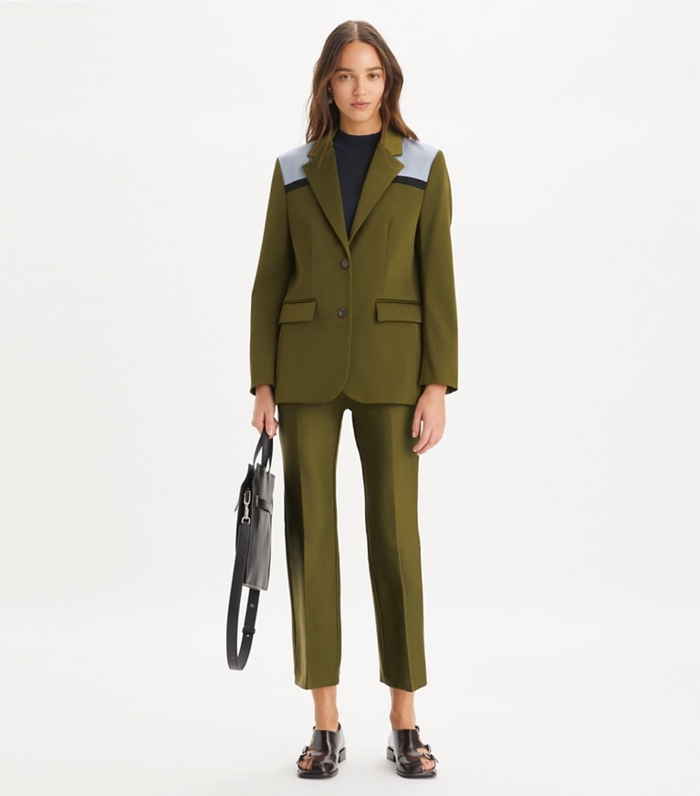 Tory Burch designer jackets Colorblock Stretch Blazer in Dark Oliva / Muted Slate / Black front