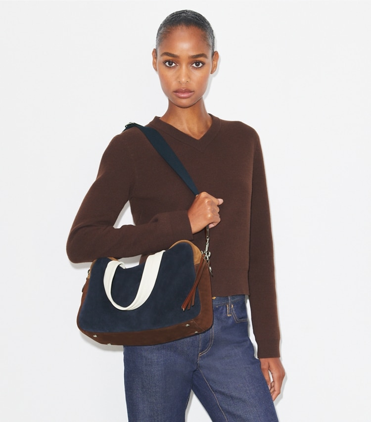 Tory Burch designer satchels Colorblock Suede Satchel in Multi accessory on model