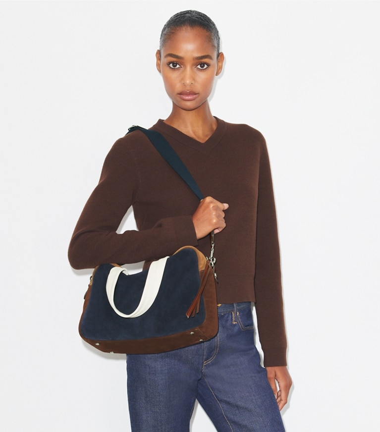 Tory Burch designer satchels Colorblock Suede Satchel in Multi angle