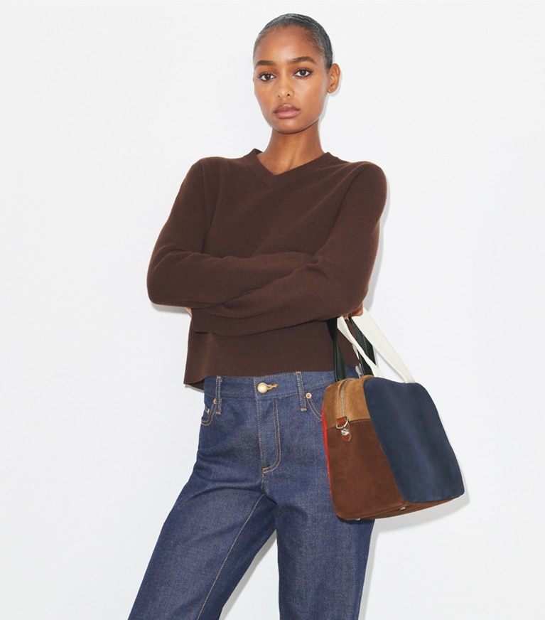 Tory Burch designer satchels Colorblock Suede Satchel in Multi angle
