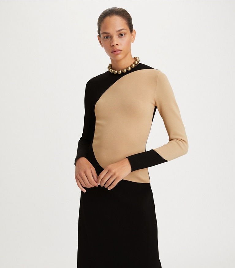 Tory Burch designer dresses Colorblock Sweater Dress in Black / Sand Bluff front